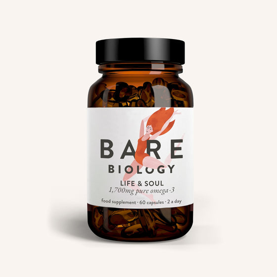 A jar of Bare Biology Life and Soul omega-3 fish oil capsules with colour illustration design on the label of the packaging