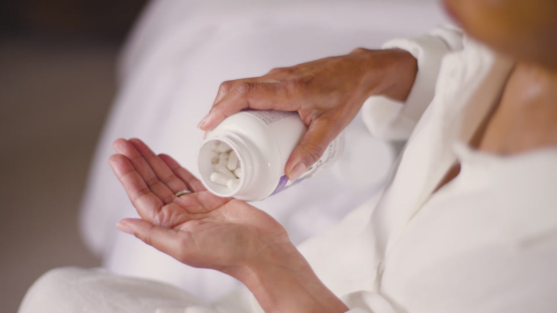 Video of a person shaking out 3 Bare Biology Magnesium tablets straight from the tub into their hand.