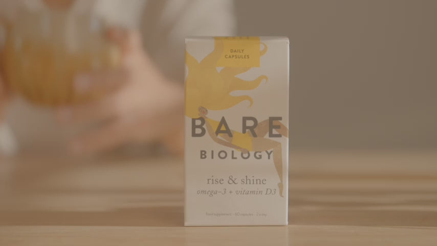 video of women with sun on her face and bare biology rise and shine omega 3 + vitamin D supplements