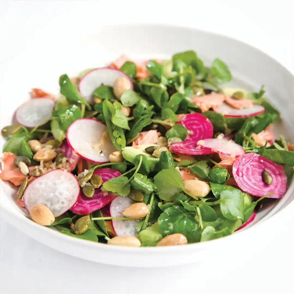 bare biology salmon salad with chickpeas and beetroot
