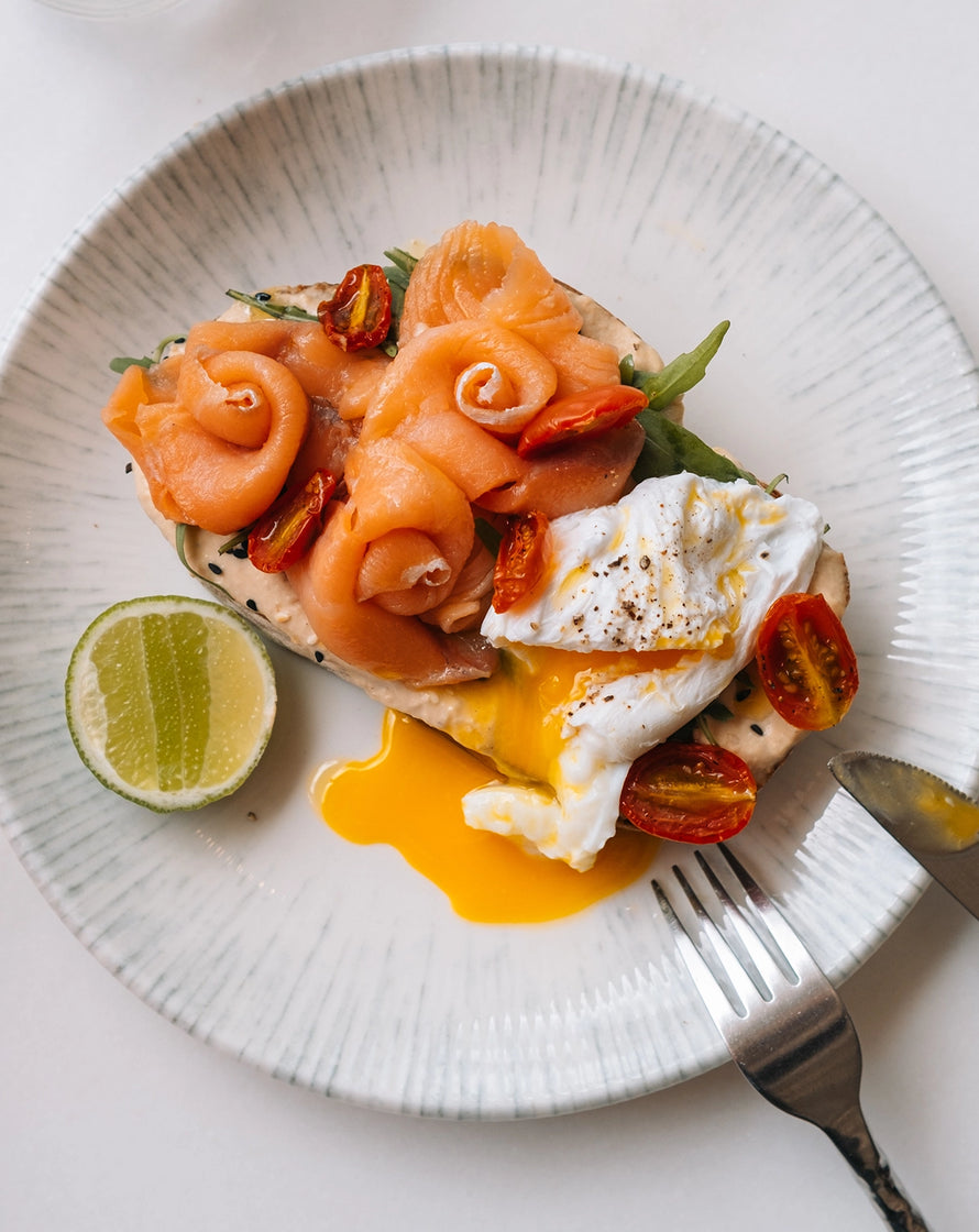 salmon and egg on toast with lime