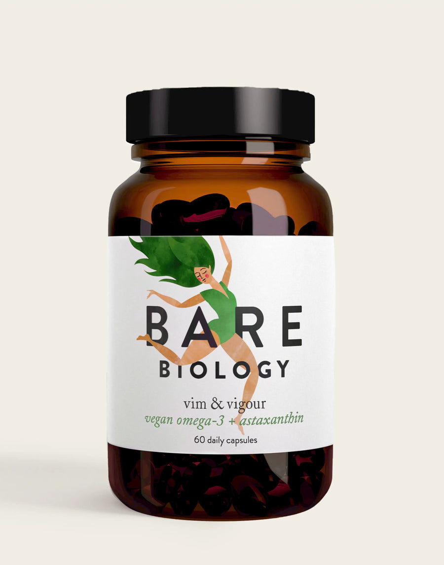 bare biology vim and vigour vegan omega 3 glass jar