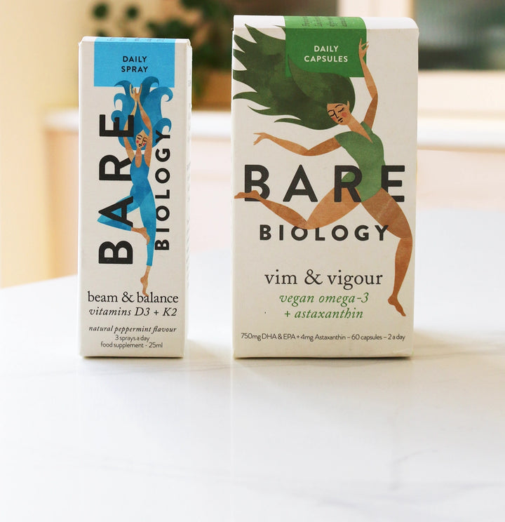 bare biology vegan supplements vitamin d spray and omega-3 capsules