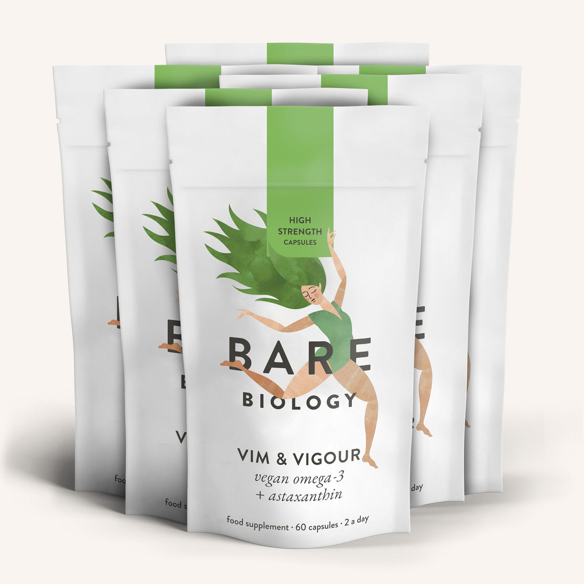 Bare Biology Vim and Vigour vegan supplement displayed with 6 pouchess