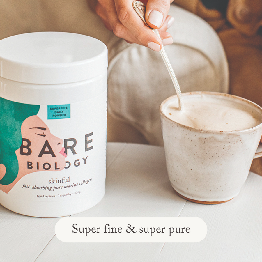 bare biology unflavoured skinful marine collagen powder supplement being mixed into a frothy coffee