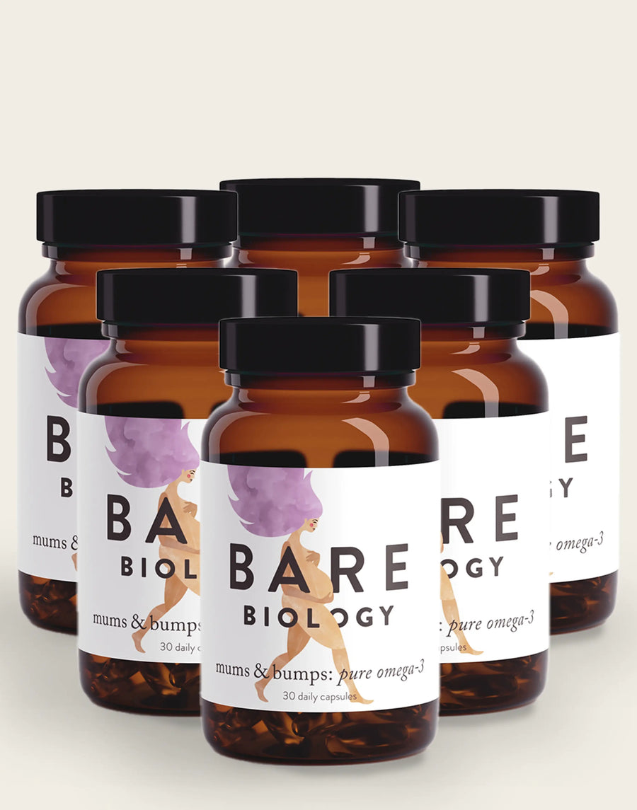 bare biology mums & bumps omega 3 fish oil supplement for pregnancy bottles shot on white background