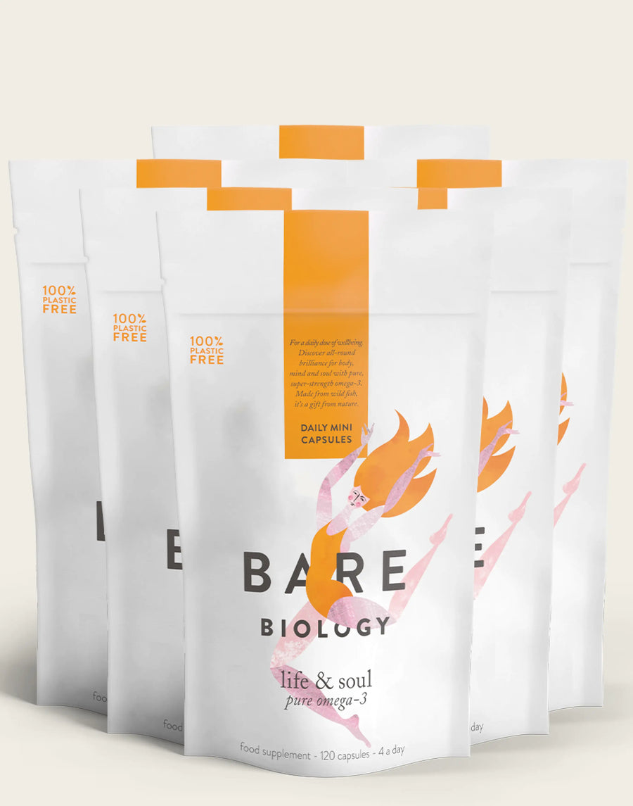 bare biology life & soul mini omega 3 capsules pack shot on white background