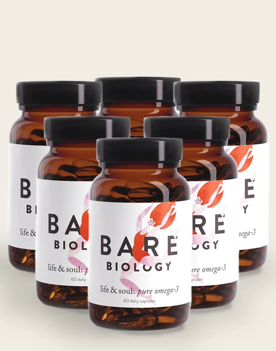 bare biology life & soul omega 3 daily capsules bottles shot on white background