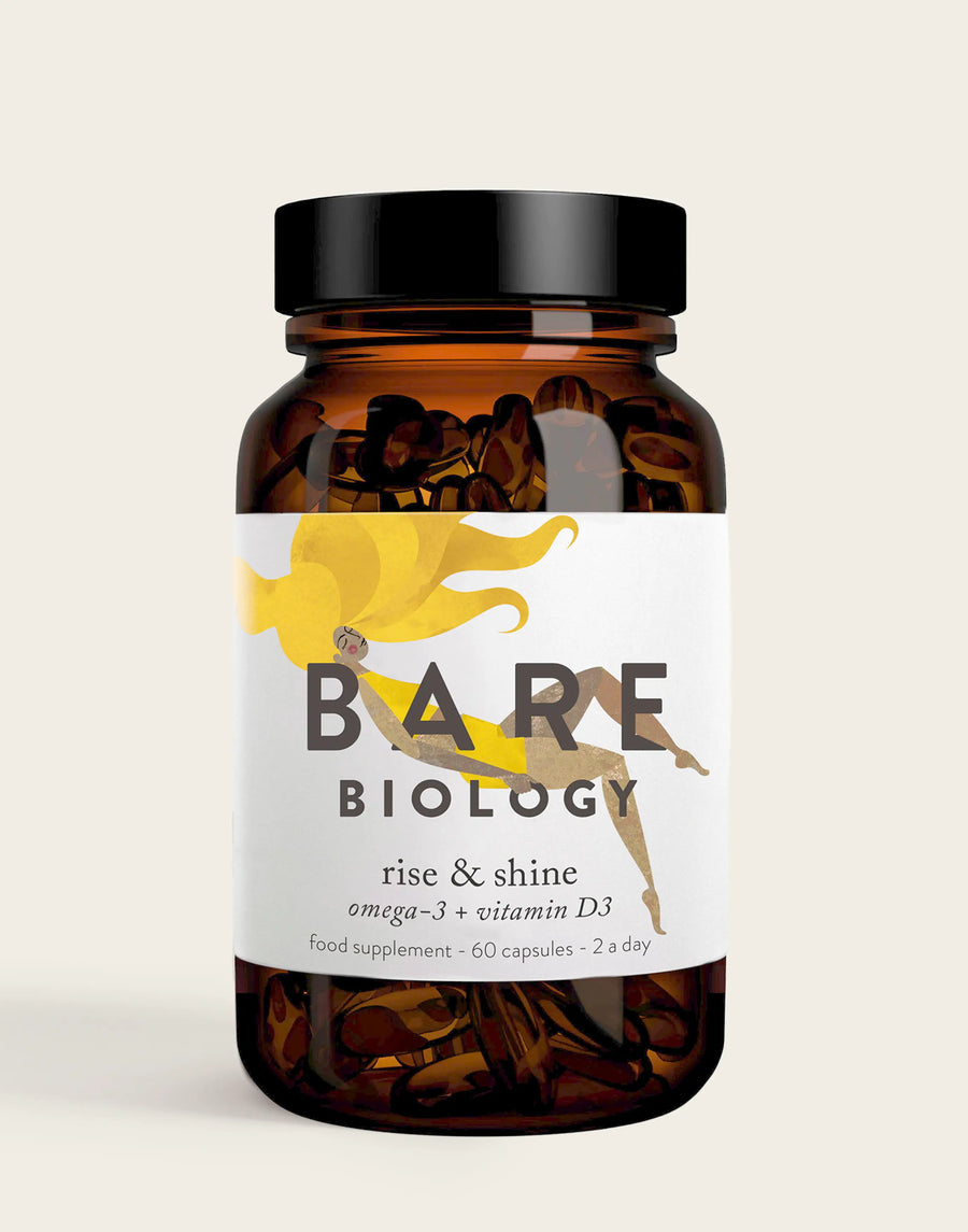 bare biology rise & shine omega 3 fish oil and vitamin d3 supplement bottle shot on white background