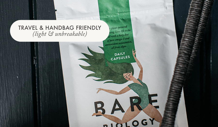  bare biology vim & vigour vegan omega 3 pouch in a straw bag 
