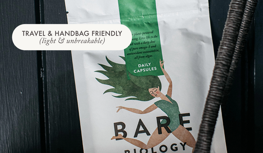 bare biology vim & vigour vegan omega 3 pouch in a straw bag 